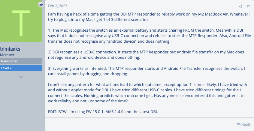 Скриншот сообщения GBAtemp о нестабильном подключении Switch к MacBook Air M2
