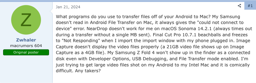 Скриншот сообщения MacRumors об ошибке Android File Transfer и неверном размере видео