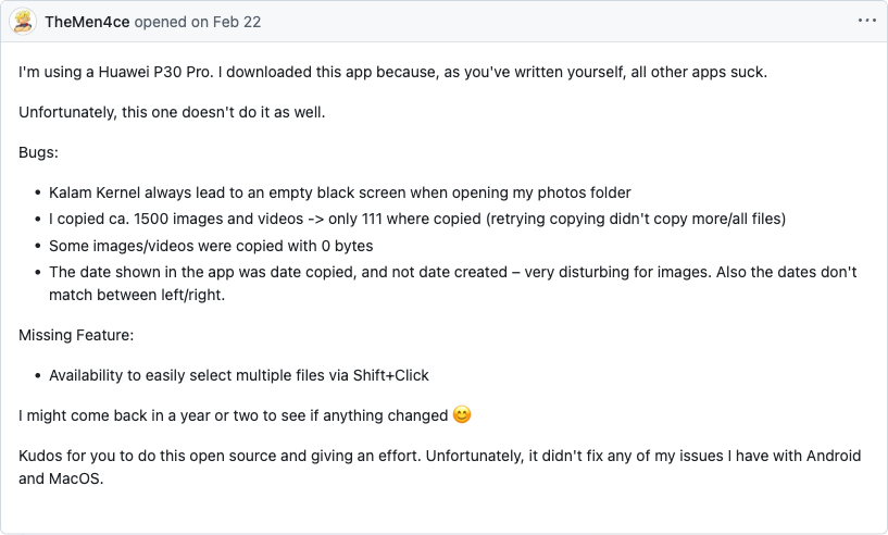 Скриншот GitHub issue OpenMTP о неполной передаче файлов
